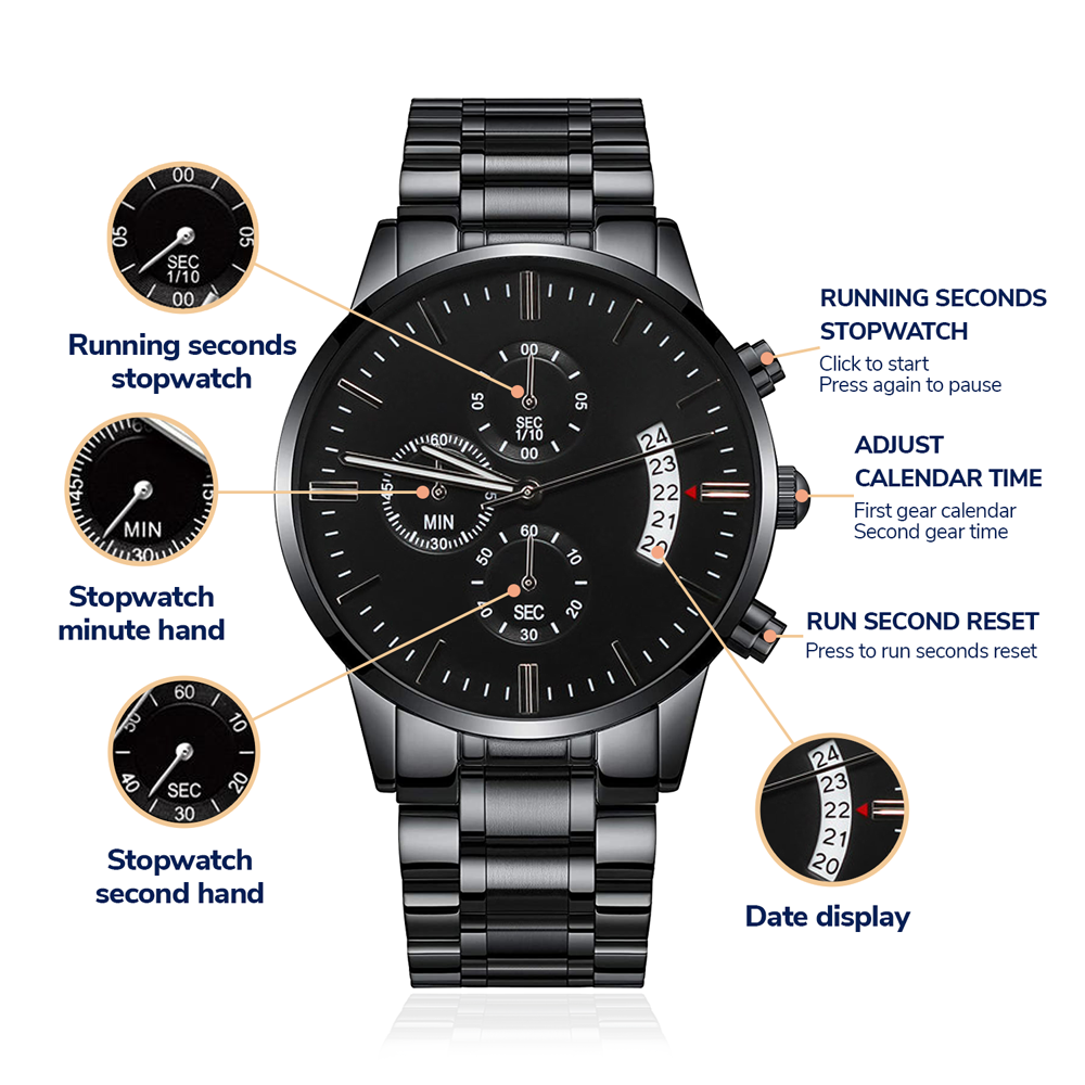 Engraved Black Chronograph Watch - الى زوجي