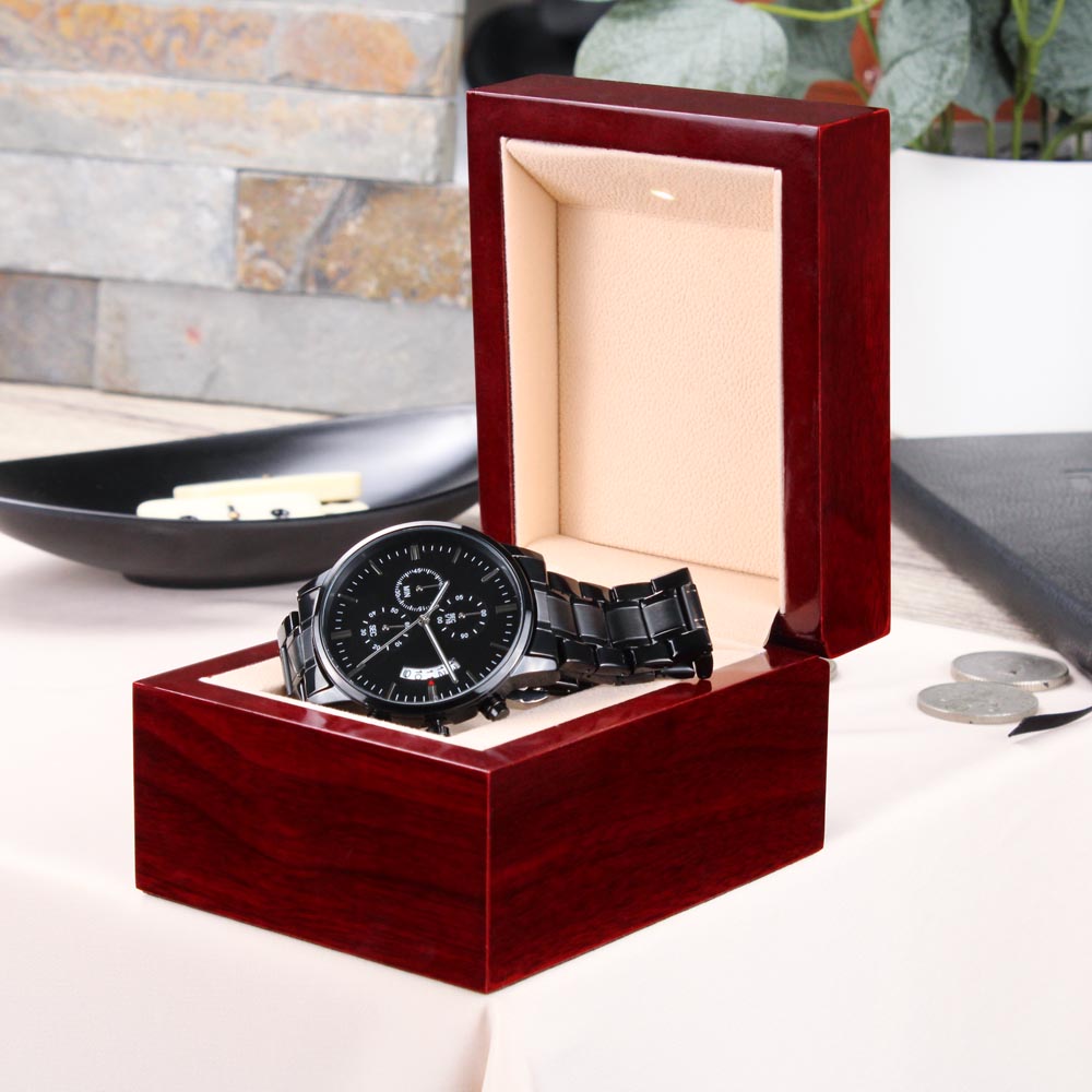 Engraved Black Chronograph Watch - الى زوجي