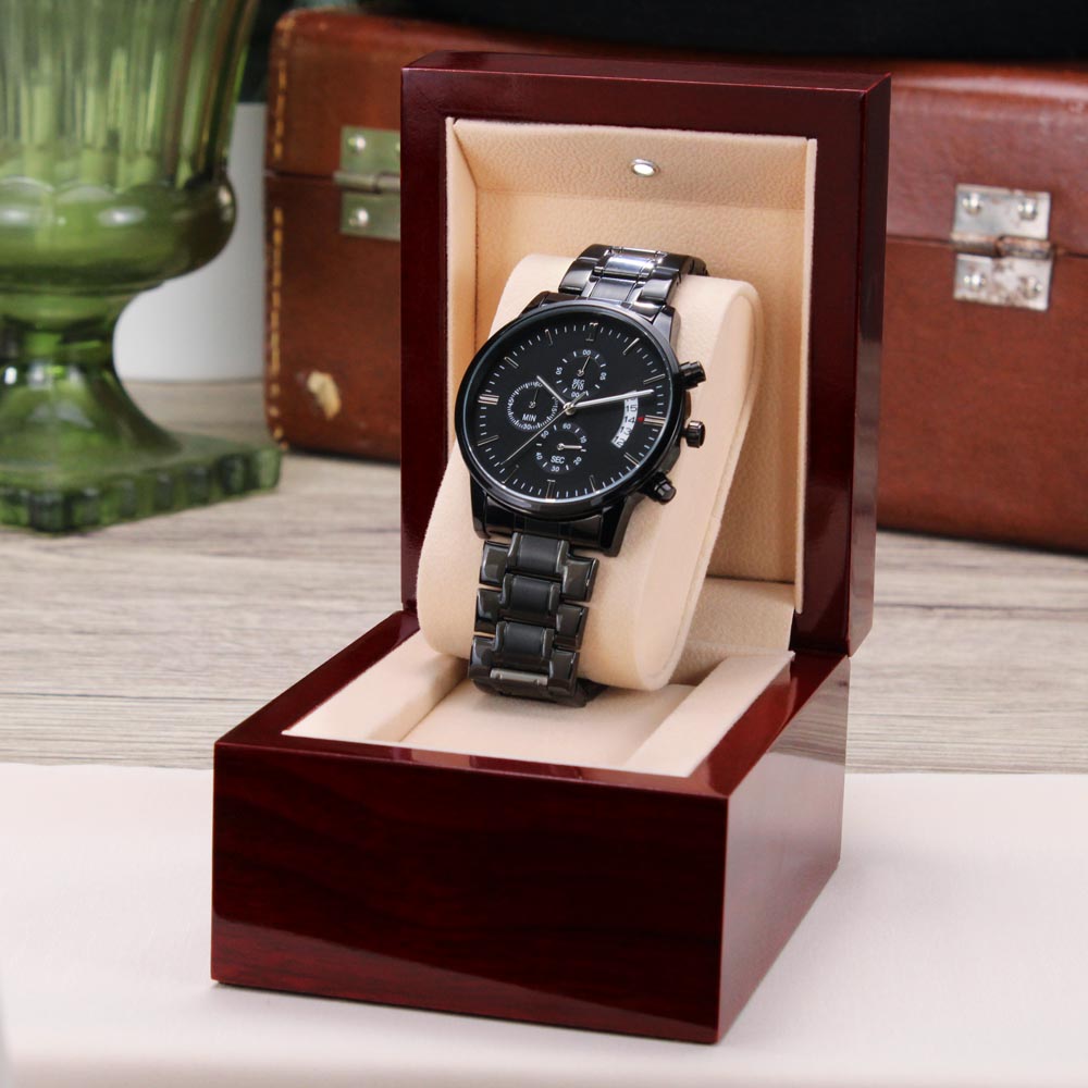Engraved Black Chronograph Watch - الى زوجي