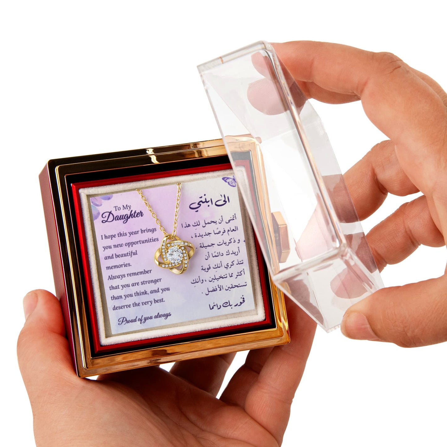 New Year Gift for Daughter – Necklace with English & Arabic Message Card