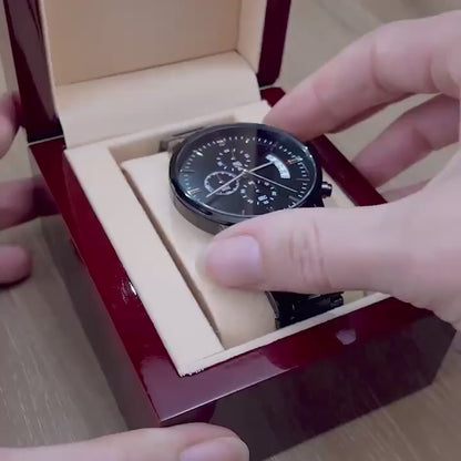 Engraved Black Chronograph Watch - الى زوجي